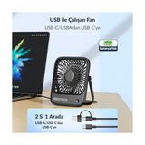TeknoKapsül Warmco D1 Masaüstü Vantilatör USB ve Type-C Bağlantılı Taşınabilir Ultra Ince Soğutucu Fan Siyah 3 Kademeli Ayarlanabilir Katlanabilir Stand