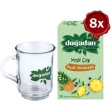 TeknoKapsül Yeşil Çay Açai Ananaslı Bardak Poşet Çay x 8 Doğadan Cam Bardak Hediyeli