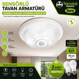 Teknoloji Elektrik Sensörlü Tavan Armatürü 360° Hareket Algılayıcı E27 Duy 30 cm – Otomatik Yanan Enerji Tasarruflu Tavan Lambası (2X25W Uyumlu) - 2 Adet Ampul Hediyeli - Beyaz