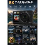 TeknolojiSA 5k Ultra Hd Dijital Kamera 80 Mp Otomatik Odaklama 18X Dijital Zoom Çift Ekran Wi-Fi Vlog Kamerası - Siyah