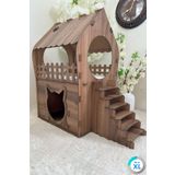 teknomooji XL Kedi Evi – Ahşap Desenli, Merdivenli, İki Katlı MDF, 66×68×38 cm