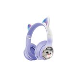 teknosepetim Kedi Tüylü Işıklı Kedili Mikrofonlu Bluetoothlu Kulaklık SD Aux Girişli KEDİ kulaklık Kablosuz (mor)