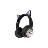 teknosepetim Kedi Tüylü Işıklı Kedili Mikrofonlu Bluetoothlu Kulaklık SD Aux Girişli KEDİ kulaklık Kablosuz (siyah)