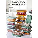 Teknotrust 12'li 400 ml Dikdörtgen Saklama Kabı Seti, Kahvaltılık ve Gıda Saklama - Açık Beyaz - Gri