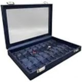 Teknotrust Lacivert Deri Kumaş Tırnaklı Yüzük Tablası, 34x24 cm, Cam Kapaklı