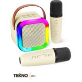 Teknozeel Çift Mikrofonlu Karaoke 5 Ses Efektli Rgb Işıklı Bluetooth Kablosuz Hoparlör Ses Bombası Bej Renk