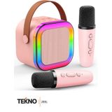 Teknozeel Çift Mikrofonlu Karaoke 5 Ses Efektli Rgb Işıklı Bluetooth Kablosuz Hoparlör Ses Bombası Pembe Renk