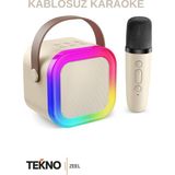 Teknozeel Tek Mikrofonlu Karaoke 5 Ses Efektli Rgb LED Işıklı Bluetooth Kablosuz Ses Bombası Bej Renk