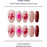 Tekrar Kullanılabilir El Yapımı Protez Takma Tırnak KOV1473 - Kırmızı Papatya - 15'li Renkli-Xs