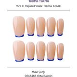 Tekrar Kullanılabilir El Yapımı Protez Takma Tırnak OBL1466 - Mavi Çizgi - 15'li Ten Rengi-Xs
