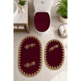 Teksev 3lü Set Mürdüm Fransız Dantelli Lüks Banyo Paspası Kaymaz Tabanlı Çeyizlik Hediyelik Banyo Paspas Se