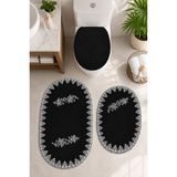 Teksev 3lü Set Siyah Fransız Dantelli Lüks Banyo Paspası Kaymaz Tabanlı Çeyizlik Hediyelik Banyo Paspas Set