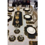 Teksev Başak Siyah Gold Masa Örtüsü 6 Kişilik 19 Parça Runner Seti Nakışlı Deri Yemek Sunum Takımı