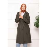 Tekstilla Kadın Antrasit/açık Gri Suni Deri Trençkot - Beli Bağlamalı ve Lastik Kollu Uzun Ceket - 2XL