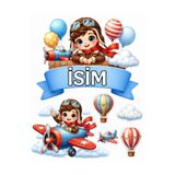 telaşe memuru İSİMLİ - Gökyüzü Uçak Balon Temalı Yenilebilir Pasta Süsü - Gökyüzü Pasta Resmi ve Baskısı Yenilebilir Kağıt