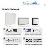 Teletek LED Ince Panel Armatür 30X30 cm (295X295 Mm) Backlight 36W 3960 Lümen Radar Sensörlü IP20 Asma Tavan Tipi