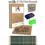 Telli A5 Kraft Eskiz Defteri Spiralli 50 Yaprak Karakalem Çizim Seti Fatih Dereceli Kalem Yandan Açmalı Sketch Pad Sigi