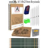 Telli A5 Kraft Eskiz Defteri Spiralli 50 Yaprak Karakalem Çizim Seti Sketch Pad Gölgelendirme Dereceli Kalem Yandan Açma