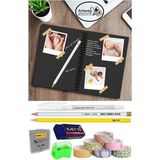 Telli Siyah Defter A5 40 Yaprak Eskiz Fotoğraf Albümü Simli Bant Sarı Beyaz Kurşun Jel Kalem Sigi Kalemtarş Hamur Silgi - 1