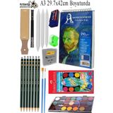 Telli Suluboya Bloğu Kağıdı A3 210Gr 20 Yaprak İnce Dokulu Gölgelendirme Zımpara 21 Renk Suluboya Dereceli Kalem Uzatma