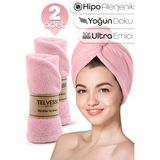 Telvesse 2 Adet Mikrofiber Saç Havlusu Lastikli Plaj Deniz Havuz Bonesi Banyo Saç Kurutma Baş Havlusu Pembe - S - L