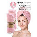 Telvesse 2 Adet Mikrofiber Saç Havlusu Lastikli Plaj Deniz Havuz Bonesi Banyo Saç Kurutma Baş Havlusu Pembe
