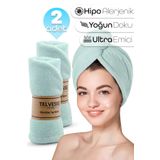 Telvesse 2 Adet Mikrofiber Saç Havlusu Lastikli Plaj Deniz Havuz Bonesi Banyo Saç Kurutma Baş Havlusu Turkuaz