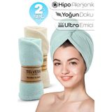 Telvesse 2li Set Mikrofiber Saç Havlusu Plaj Deniz Havuz Bonesi Banyo Saç Kurutma Baş Havlusu Krem-Turkuaz - S - L