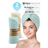 Telvesse 2li Set Mikrofiber Saç Havlusu Plaj Deniz Havuz Bonesi Banyo Saç Kurutma Baş Havlusu Krem-Turkuaz