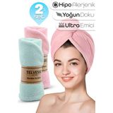 Telvesse 2li Set Mikrofiber Saç Havlusu Plaj Deniz Havuz Bonesi Banyo Saç Kurutma Baş Havlusu Turkuaz-Pembe - S - L
