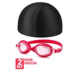 Telvesse 2li Set Yüzücü Gözlüğü Kumaş Bone Set Yüzme Havuz Deniz Gözlüğü Pembe