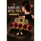 TEMBAY Kadife Gül Desenli Metal Mandal Toka İncili Püsküllü Taşlı Saç Tokası