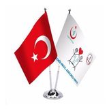 Temiz Okul - Sağlıklı Okul ve Türkiye - İkili Paslanmaz Metal Krom Direkli Saten Masa Bayrağı