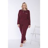 Temporium Kadın Bordo Düğmeli Yaka Uzun Kollu Büyük Beden Interlok Pijama Takımı Desenli - 6XL