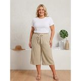 Temporium Kadın Büyük Beden Bürümcük Kumaş Bol Paça Beli Lastikli Kapri Pantolon - 2XL - Bej1 - Klasik