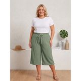 Temporium Kadın Büyük Beden Bürümcük Kumaş Bol Paça Beli Lastikli Kapri Pantolon - 4XL - Haki1 - Klasik
