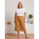 Temporium Kadın Büyük Beden Bürümcük Kumaş Bol Paça Beli Lastikli Kapri Pantolon - Kahverengi - 2XL - Klasik
