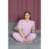 Temporium Kadın Büyük Beden Desenli Yakası Dantelli Düğmeli Kısa Kollu Bambu Pijama Takımı - 4XL - Lila