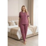Temporium Kadın Büyük Beden Desenli Yakası Dantelli Düğmeli Kısa Kollu Bambu Pijama Takımı - 4XL - Mürdüm - Ekru