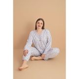 Temporium Kadın Büyük Beden Desenli Yakası Düğmeli Uzun Kollu Bambu Pijama Takımı - Açık Pudra - 5XL