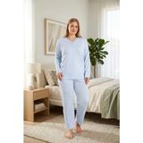 Temporium Kadın Büyük Beden Desenli Yakası Düğmeli Uzun Kollu Bambu Pijama Takımı - Buz Mavi - 4XL