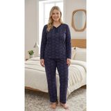 Temporium Kadın Büyük Beden Desenli Yakası Düğmeli Uzun Kollu Bambu Pijama Takımı - Lacivert - 3XL