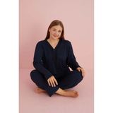 Temporium Kadın Büyük Beden Desenli Yakası Düğmeli Uzun Kollu Bambu Pijama Takımı - Mavi - 2XL