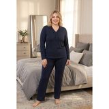 Temporium Kadın Büyük Beden Desenli Yakası Düğmeli Uzun Kollu Bambu Pijama Takımı - Mavi - 4XL