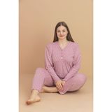 Temporium Kadın Büyük Beden Desenli Yakası Düğmeli Uzun Kollu Bambu Pijama Takımı - Pembe-001 - 3XL