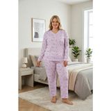 Temporium Kadın Büyük Beden Desenli Yakası Düğmeli Uzun Kollu Bambu Pijama Takımı - Pembe-001 - 5XL