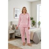 Temporium Kadın Büyük Beden Desenli Yakası Düğmeli Uzun Kollu Bambu Pijama Takımı - Pembe-001 - 6XL