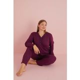 Temporium Kadın Büyük Beden Desenli Yakası Düğmeli Uzun Kollu Bambu Pijama Takımı