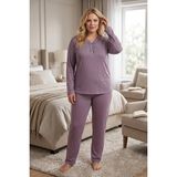 Temporium Kadın Büyük Beden Yakası Dantelli Uzun Kollu Bambu Pijama Takımı - Açık Lila - 4XL