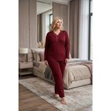 Temporium Kadın Büyük Beden Yakası Dantelli Uzun Kollu Bambu Pijama Takımı - Bordo - 3XL